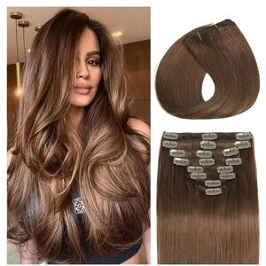 18” Clip-In Hair Extensions - 100% human Hair Medium Brown - Women Hair 6 pcs
